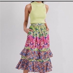 Anthropologie tiered skirt Roopa Pemmaraju pink green tassel M NWT 8-10